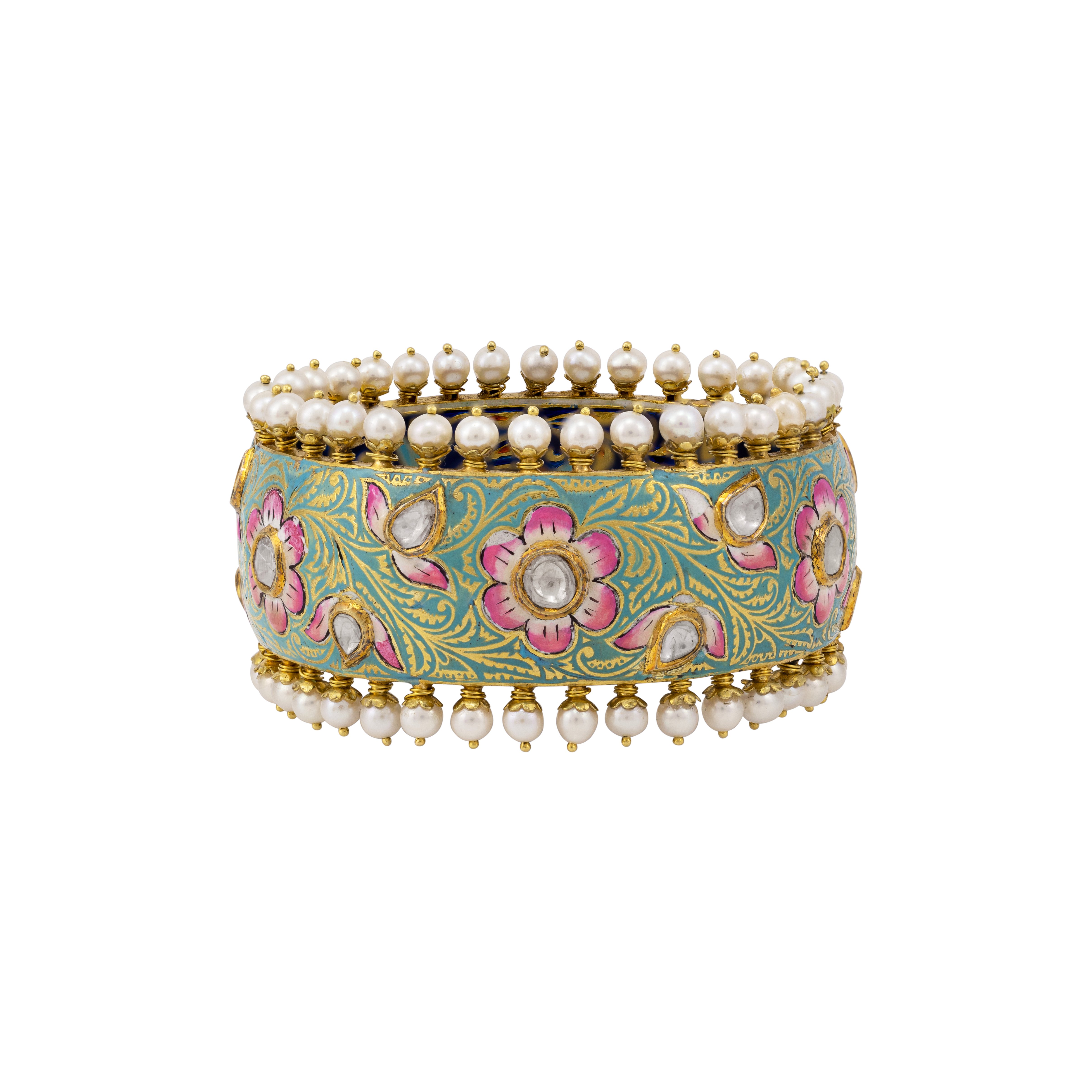 Floral Enamel Polki Bangle with Pearl Fungar Borders